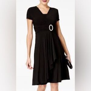 R & M Richards ~ Black Jersey Dress Faux Wrap A-Line Party Dress